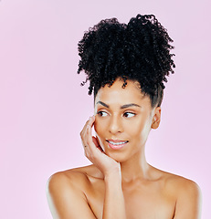 Image showing Skincare, thinking and woman with beauty for cosmetic aesthetic isolated in studio pink background for wellness. Face, natural an young person with dermatology facial treatment for smooth skin