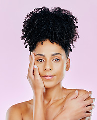 Image showing Skincare, natural and portrait of woman with cosmetic aesthetic isolated in a studio pink background for wellness. Face, beauty an young person with dermatology facial treatment for smooth skin