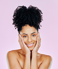 Image showing Natural, beauty and woman with smile for cosmetic aesthetic isolated in studio pink background for wellness. Face, skincare an young person with dermatology facial treatment for clean and smooth skin