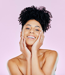 Image showing Portrait, beauty and happy woman, natural and dermatology with clean skin, wellness and glow on pink background. Skincare, antiaging and cosmetics with self care, spa treatment and hygiene in studio