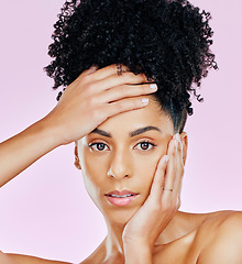 Image showing Skincare, beauty and woman with makeup for cosmetic aesthetic isolated in studio pink background for wellness. Hands on face, glow and young person with dermatology facial treatment for smooth skin