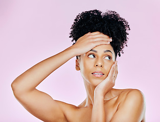 Image showing Skincare, thinking and natural woman with cosmetic aesthetic isolated in studio pink background for wellness. Face, beauty an young person with dermatology facial treatment for clean and smooth skin