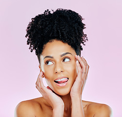 Image showing Woman, thinking and studio for beauty with skincare in mockup on pink background for idea. African, person or female model with silly face for makeup of salon treatment, facial or hair with cosmetics