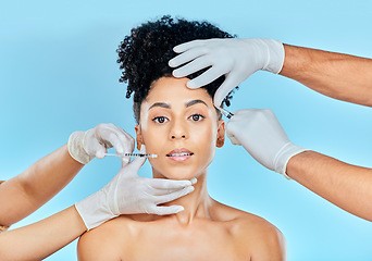 Image showing Portrait, cosmetics and woman with plastic surgery, hands and transformation on a blue background. Face, person and model with health, change and patient with skincare, aesthetic and beauty treatment