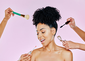 Image showing Hands, thinking and a woman with makeup, tools and help on a pink background. Happy, skincare and a model or girl with people for cosmetics work, glow and facial beauty with a smile and artists