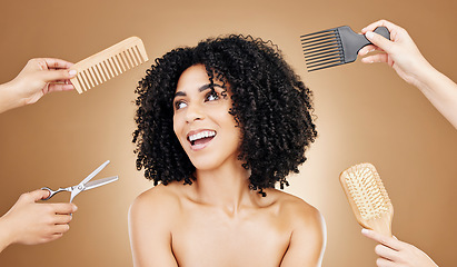 Image showing Hair, woman and beauty with hands and tools choice for salon treatment with cosmetic care on studio background. Hairdresser, haircare and growth, strong texture and brush with comb and scissors