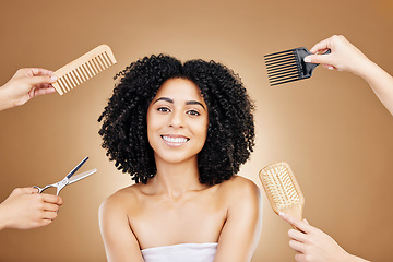 Image showing Hair care, brush and portrait of woman in a studio with curly, natural and salon treatment. Smile, beauty and female model from Mexico with comb for healthy hairstyle isolated by brown background.