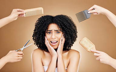 Image showing Brush, scared and portrait of woman in a studio with curly, natural and salon treatment. Shock, beauty and young female model from Mexico with comb for healthy hairstyle isolated by brown background.
