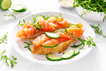 Image showing Sandwiches with salted salmon. Healthy food, breakfast