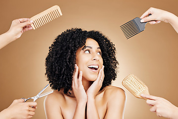 Image showing Hair care, scissor and woman in studio with tools for curly, natural and salon treatment. Smile, beauty and model from Mexico with brush and comb for healthy hairstyle isolated by brown background.