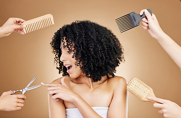 Image showing Hair care, shock and tools of woman in a studio with curly, natural and salon treatment. Smile, beauty and model from Mexico with scissor, brush and comb for hairstyle isolated by brown background