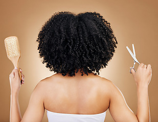 Image showing Hair, scissors and brush, woman and back view for beauty and curls with natural cosmetics and shine on studio background. Texture, curly hairstyle with haircare and transformation, haircut and tools