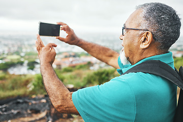 Image showing Phone, photograph or senior man in nature for trekking journey memory or adventure for freedom. Pictures, holiday vacation view or mature male hiker on mountain for exercise, fitness or hiking