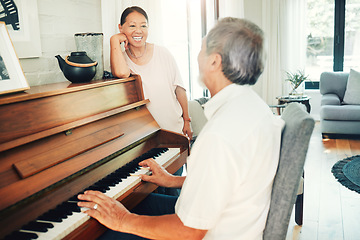 Image showing Happy woman, piano or senior man playing a song or music for wife in living room with bonding or entertainment. Smile, keyboard or mature Asian couple in retirement enjoy instrument at modern home