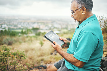 Image showing Senior man, bible and reading in nature, thinking or peace for mindfulness, faith or spiritual knowledge. Mature person, Christian book and ideas with gratitude, religion or connection to holy spirit