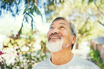Image showing Smile, calm and senior man in nature breathing for fresh air, peaceful or mindful attitude in a garden. Happy, wellness and elderly Asian male person standing in an outdoor park or field in summer.
