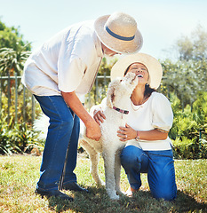 Image showing Happy mature couple, dog and garden in summer with smile, lick face and playing together on lawn. Senior man, woman and animal pet with care, love and bonding in backyard, park and nature in sunshine