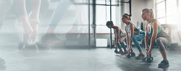 Image showing Fitness, banner and squat, women in gym together for workout commitment and weight lifting on mockup. Overlay, exercise club and woman in class with kettlebell challenge, power and double exposure
