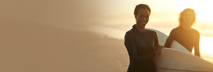 Image showing Happy couple, surfing and banner on beach for fitness, sports or tide on ocean sunrise together. Portrait of man and woman smile with surf board for wave, travel or water on sea coast or mockup space