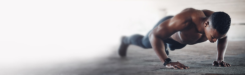 Image showing Fitness, pushup and banner of man in city for training, cardio or ground workout on mockup. Body, lifting and African male athlete on a floor for muscle development, wellness or bodybuilding exercise