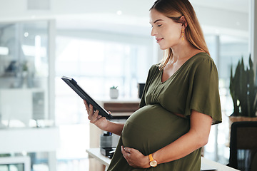 Image showing Tablet, smile and pregnant business woman in office reading research information on internet. Maternity, happy and female designer from Canada with pregnancy work on digital technology in workplace.