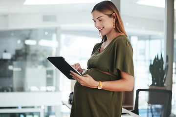 Image showing Tablet, reading and pregnant business woman in office doing research for information on internet. Maternity, smile and female designer from Canada with pregnancy working on digital tech in workplace.