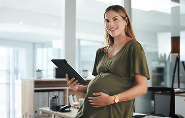 Image showing Portrait, tablet and business with a pregnant woman in her office at the start of her maternity leave from work. Company, smile and pregnancy with a happy young employee planning in the workplace