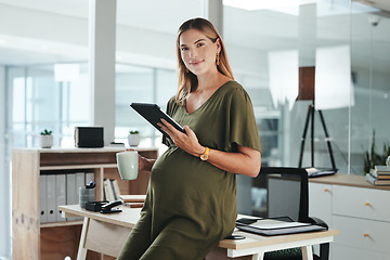 Image showing Portrait, tablet and a pregnant woman in her office and smile with maternity leave from work. Business, tech and pregnancy with a happy young employee or mother in the workplace for research