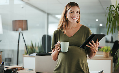 Image showing Portrait, tablet and pregnant with woman in her business office at the start of her maternity leave from work. Company, research and pregnancy with tea and happy young employee in the workplace