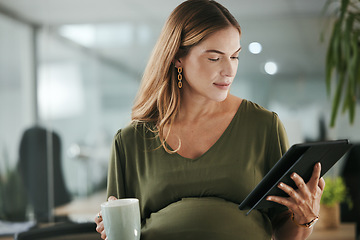 Image showing Tablet, research and pregnant business woman in office reading information on internet. Maternity, coffee cup and female designer from Canada with pregnancy working on digital technology in workplace