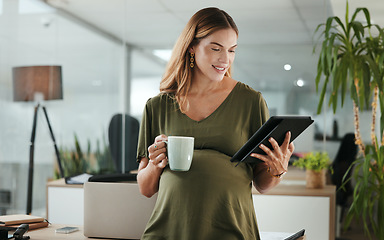 Image showing Tablet, professional and pregnant business woman in office read information on internet. Maternity, coffee cup and female designer from Canada with pregnancy work on digital technology in workplace.