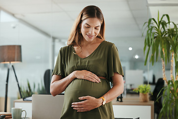 Image showing Businesswoman, pregnant and stomach with smile in office with vision, idea or thinking of baby. Female person, worker or employee with hands on abdomen for love, care and hope for future of child