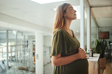 Image showing Woman, relax or pregnant stomach in office break in breathing meditation in company workplace. Belly, calm employee or mom in pregnancy in career, work and job with peace, affection and care for baby