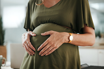 Image showing Hands, stomach and pregnant business woman feeling, massage and touch baby development, growth or belly. Abdomen, mother and closeup pregnancy person, worker or mom care, wellness and hope for future