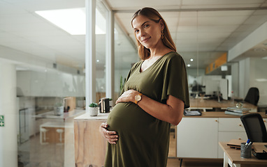 Image showing Portrait, stomach and a pregnant woman in her business office at the start of her maternity leave from work. Company, belly and pregnancy with a confident young employee or mother in the workplace