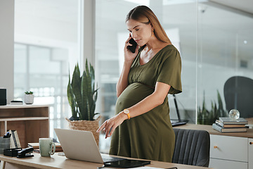 Image showing Smartphone call, laptop and professional pregnant woman, admin or receptionist consulting on office schedule. Secretary, pregnancy web calendar and maternity employee speaking with cellphone contact