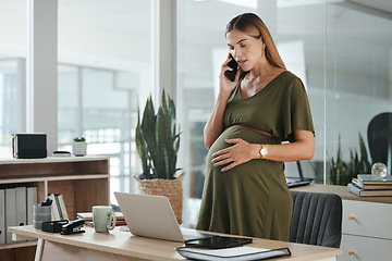 Image showing Smartphone call, talking and professional pregnant woman, admin or receptionist consulting on baby development. Business secretary, pregnancy and maternity employee speaking with cellphone contact