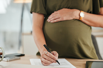 Image showing Businesswoman, pregnant and writing on document in office for information, maternity leave or insurance with contract. Female person, mother and hand on stomach for comfort, love and caring for baby