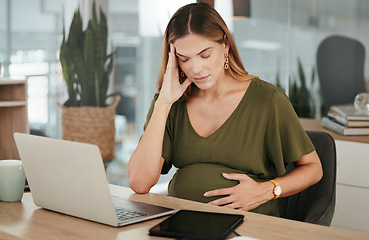 Image showing Stress, headache and pregnant woman with laptop in office with vertigo, tension or pain. Pregnancy, burnout and female manager with brain fog, low energy or anxiety while online on project proposal