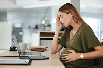 Image showing Pregnant, woman and headache in office with tired, burnout and relax with eyes closed at desk or table. Person, pregnancy or hand on stomach for risk, anxiety or stress at professional company or job