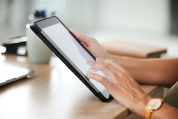 Image showing Tablet, hands and closeup of woman in office doing research and reading information on internet. Professional, online and female designer working on project with digital technology in workplace.