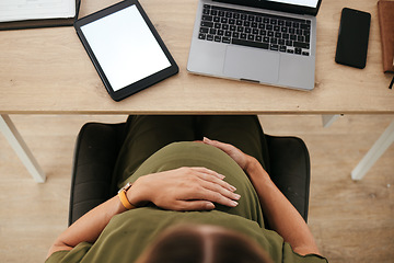 Image showing Woman, pregnant and stomach with tablet screen in space with mockup for digital marketing by top view.vFemale entrepreneur, person and technology for website, homepage and about us for e commerce