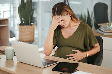 Image showing Woman, office and pregnant with stress, headache and laptop at work, burnout and workplace. Maternity, employee and pregnancy with hand on stomach, pain and tired for baby, working and healthcare