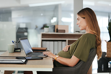 Image showing Laptop, office or pregnant business woman typing on social media, website or internet for research. Maternity, online communication or employee with pregnancy or networking technology in workplace