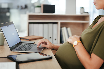 Image showing Laptop, hands or pregnant business woman in office on social media, website or internet on couch. Maternity, communication or designer with pregnancy or networking technology to scroll in workplace