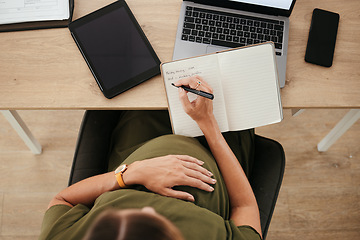 Image showing Schedule, notes or pregnant woman writing on notebook at work for project, planning or company agenda. Business startup, top view or secretary or receptionist with a strategy, brainstorming or ideas
