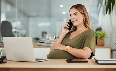 Image showing Phone call, office laptop and professional pregnant woman reading online research, project feedback or website data. Admin career, pregnancy consultation and maternity worker chat with contact