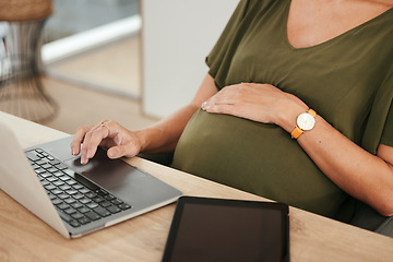 Image showing Laptop, hands or pregnant businesswoman typing in office on social media, website or internet. Maternity, communication closeup or designer with pregnancy or networking technology in workplace desk