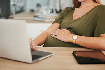 Image showing Laptop, hands or pregnant woman in office typing on social media, website or internet for research. Maternity, communication closeup or designer with pregnancy or networking technology in workplace