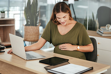 Image showing Laptop, stomach or happy pregnant woman in office on social media, website or internet for research. Maternity, desk or calm manager with pregnancy, kicking or networking technology in workplace